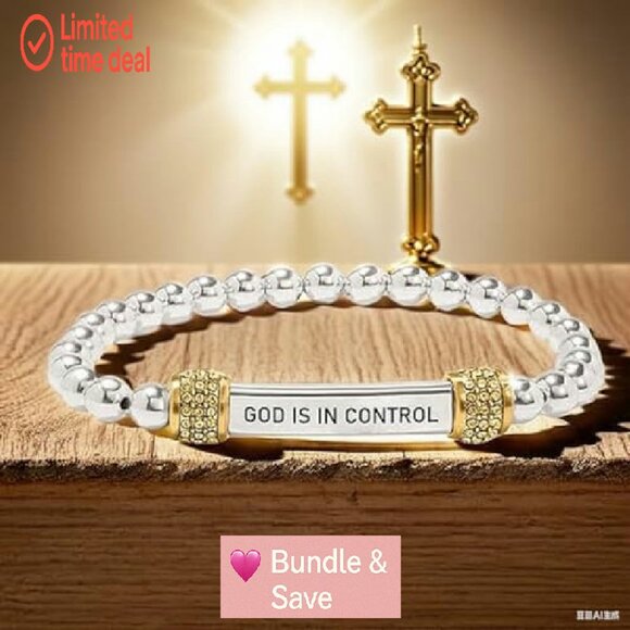 Stainless Steel Stretch Bracelet with Diamond Beads, Inspirational Engraving - Picture 6 of 8